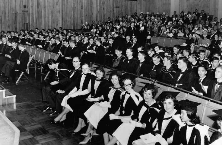 Graduands in Architecture, Arts and Commerce await the ceremony of conferring of degrees, 1963